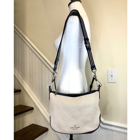 KATE SPADE Navy Leather & Woven Tote Crossbody Shoulder Bag Two Straps Included - Picture 4 of 15